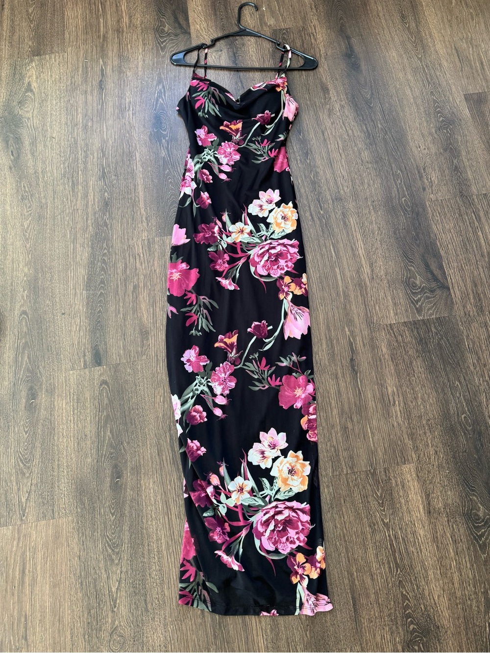 B Darlin Black Floral Spaghetti-Strap Maxi Dress with Pink Accents